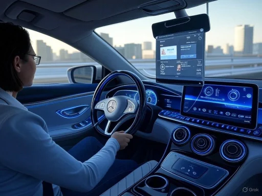 A person driving a futuristic Mercedes-Benz vehicle with advanced digital displays and a cityscape in the background.