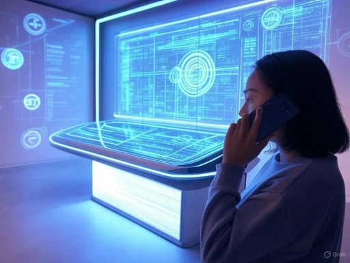 A woman uses a phone in front of a futuristic digital display with holographic interface designs.