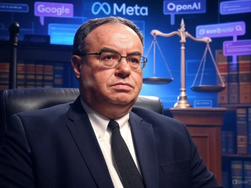 A man in a suit and glasses sits in an office with legal books and digital AI company logos in the background.