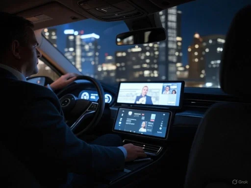 A man in a suit drives a car at night with city lights in the background and multiple screens on the dashboard.