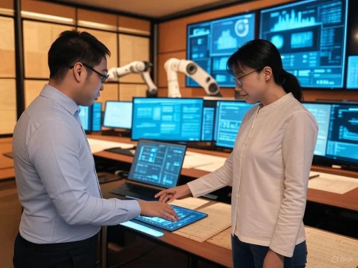 Two scientists analyze data on a touchscreen tablet in a high-tech research lab with multiple monitors and robotic arms.