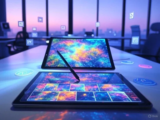 Digital art tools showcasing colorful galaxy patterns in a modern office setting with large windows at dusk.