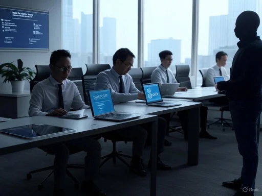 A shadowed figure confronts a group of business professionals working on laptops in a modern office.