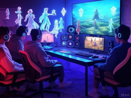 People wearing headphones are watching animation characters and scenes on multiple screens in a gaming or entertainment room.