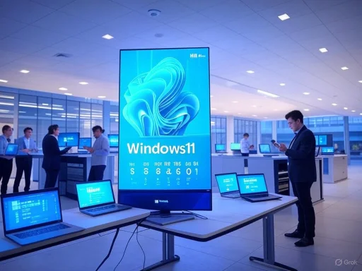 Showroom displaying Windows 11 on multiple screens with people testing devices in a modern tech store. Showroom displaying Windows 11 on multiple screens with people testing devices in a modern tech store.
