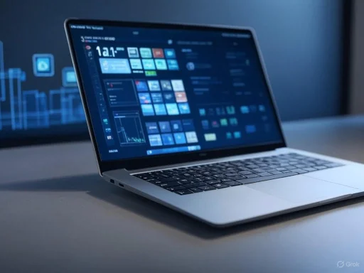 A sleek laptop displaying data dashboards and charts in a dark-themed interface.