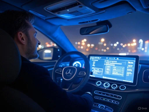 A man driving a car at night with a digital dashboard and city lights in the background.
