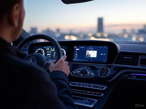 A person driving a Mercedes-Benz vehicle at sunset, with a blurred cityscape visible through the windshield. A person driving a Mercedes-Benz vehicle at sunset, with a blurred cityscape visible through the windshield.