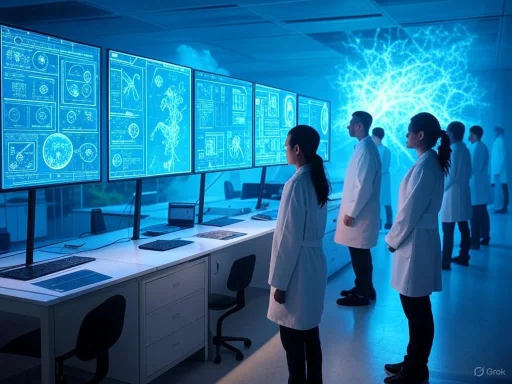 Scientists analyze molecular data on large digital screens in a high-tech laboratory.