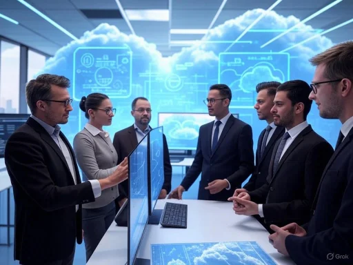 Business team discussing cloud technology and data insights in a high-tech, futuristic conference room.