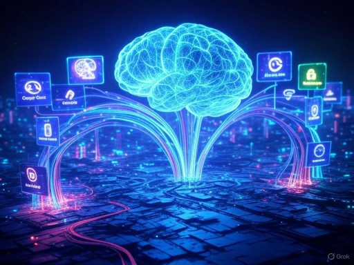 A digital illustration of a brain with interconnected data icons, symbolizing artificial intelligence and data connectivity.