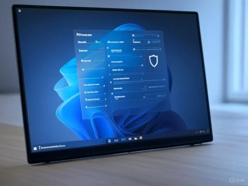 A sleek, foldable computer monitor displaying a security or settings interface on a wooden desk near a window.