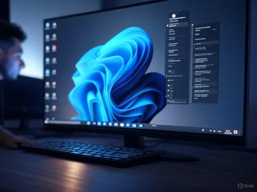 A person working at a computer with a large monitor displaying a Windows 11 desktop in a dimly lit room.