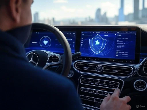 A person interacts with a high-tech car dashboard featuring digital screens and security icons.