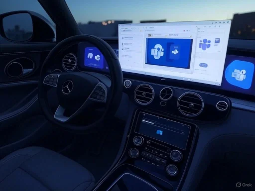 A Mercedes-Benz car interior displaying multiple screens with digital work content on a dashboard.