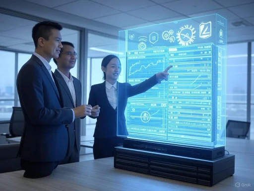 Business professionals analyze data on a holographic digital display in an office.