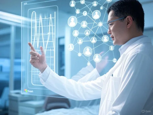 A scientist interacts with a digital network and data visualization in a modern laboratory setting.