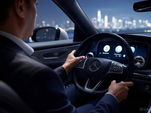 A man in a suit drives a modern Mercedes-Benz car through a city at night.