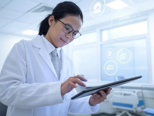 A female doctor interacts with a digital tablet in a clinical setting, with futuristic icons floating nearby.