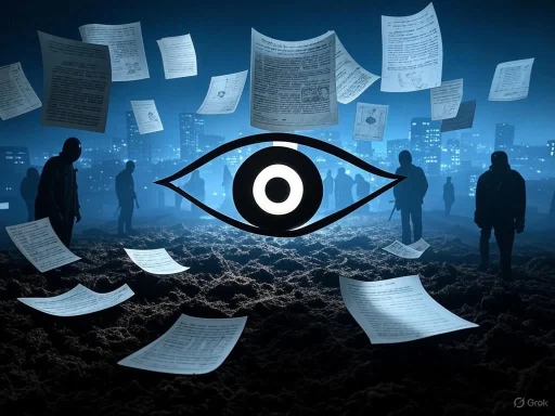Digital surveillance concept with floating documents and an eye symbol over a cityscape at night.