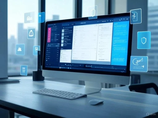 A modern office workspace with a computer monitor displaying a digital interface, surrounded by virtual icons representing security and data.