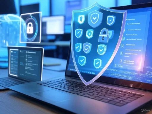 Digital cybersecurity concept with shield icons and padlock symbols on computer screens.