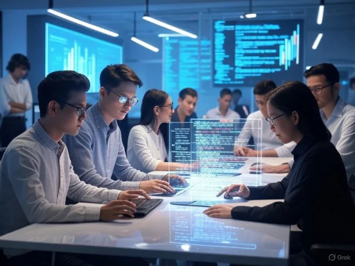A team of young professionals collaborates on programming and data analysis in a high-tech office environment.
