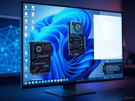 A computer monitor displays a blue desktop background with two floating graphics cards.