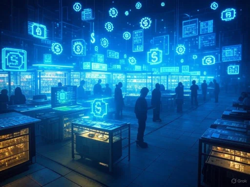 People observing digital displays with glowing Bitcoin and cryptocurrency symbols in a futuristic tech exhibit.