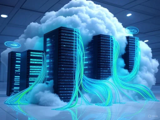 Futuristic server racks with glowing cables and cloud integration symbolizing cloud computing technology.
