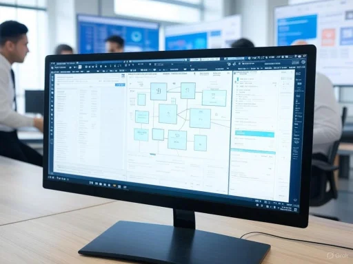 A computer screen displays a flowchart and data analysis software in a modern office with colleagues in the background.