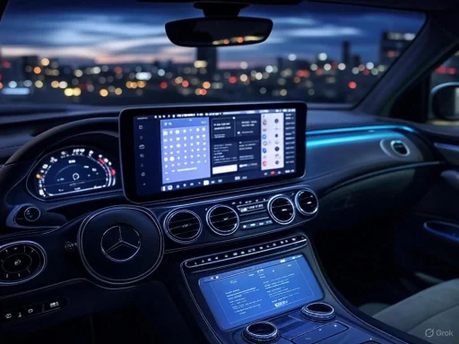 The image shows the interior of a Mercedes-Benz vehicle with digital screens and a blurred cityscape outside at dusk.