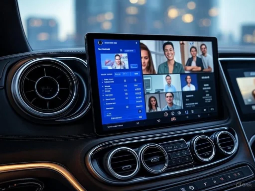 A video conference is taking place on a car dashboard tablet, with multiple participants displayed.
