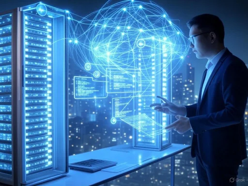 A man in a suit interacts with holographic data and digital servers in a futuristic data center.