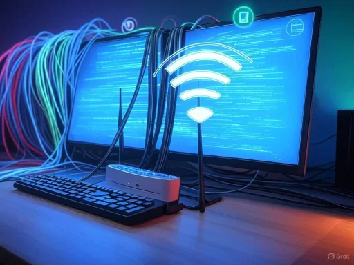 Multiple monitors display code with colorful cables and a glowing Wi-Fi symbol overlay, suggesting a high-tech cybersecurity setup.