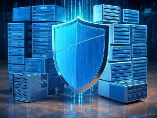 A digital shield icon overlays a collection of server racks, symbolizing cybersecurity and data protection.