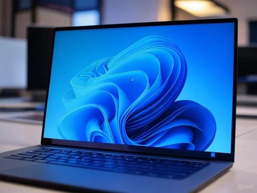 A sleek, modern laptop displaying the Windows 11 desktop, set on a workspace with other devices in the background.