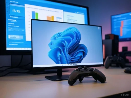 A gaming setup featuring a monitor with Windows 11 wallpaper, a gaming controller, and two screens displaying graphs and data.