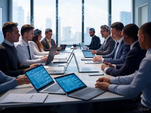 Business meeting of professionals working on cybersecurity, with digital shield graphic and network connections on the screen.