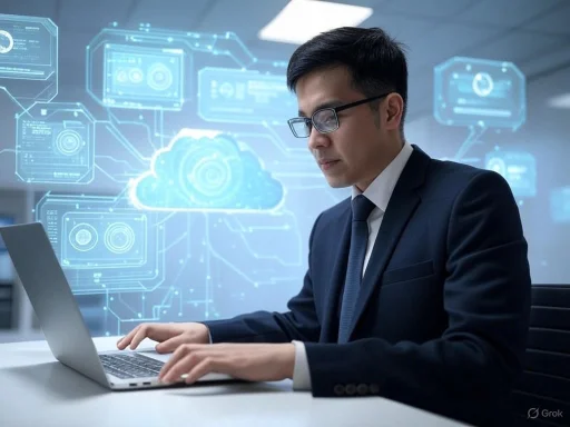 A man in a suit and glasses works on a laptop with digital cloud and data graphics in the background.