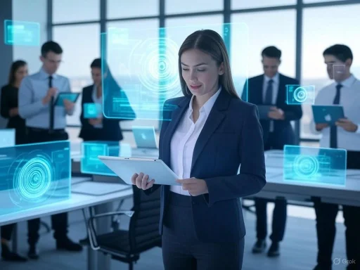 A businesswoman interacts with futuristic holographic technology in a modern office with colleagues in the background. A businesswoman interacts with futuristic holographic technology in a modern office with colleagues in the background.