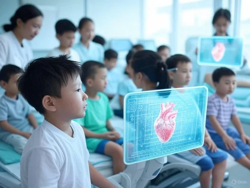 Children in a classroom observe a digital heart model on a transparent screen during a medical education session.