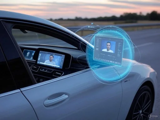A futuristic vehicle features a holographic interface displaying a person's face and data, suggesting advanced AI or biometric technology.
