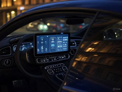 The image shows the interior dashboard and infotainment system of a modern car at night.