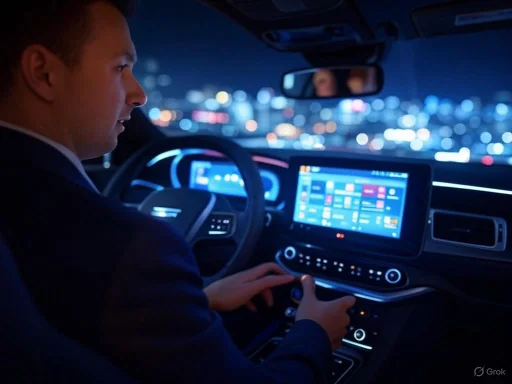 A man drives a car at night, focusing on the illuminated dashboard and city lights outside.