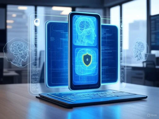 A futuristic digital interface showing brain scans and security icons on a smartphone, with holographic displays.