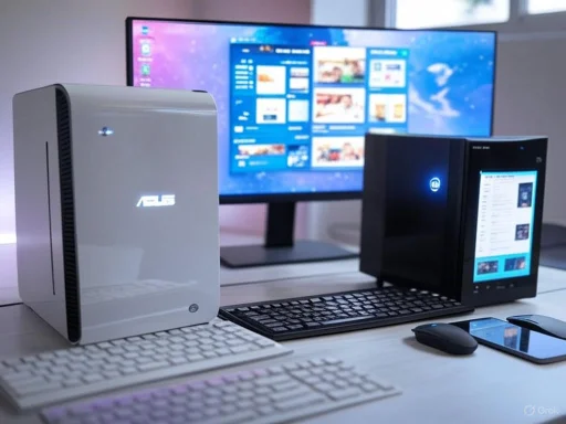 A desktop setup features compact computer systems, a large monitor, keyboard, mouse, and a smartphone on a white desk.