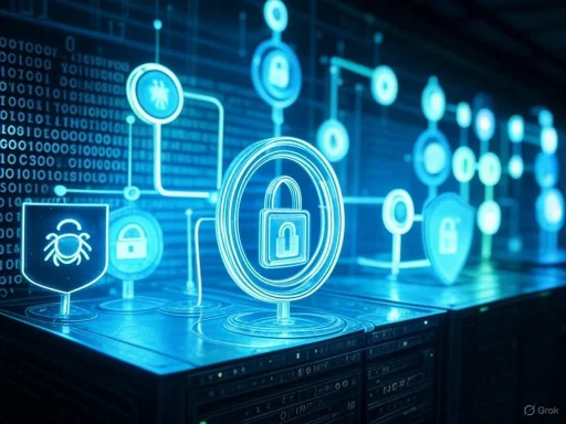 Digital security concept with interconnected locks, shields, and data symbols on a blue digital background.