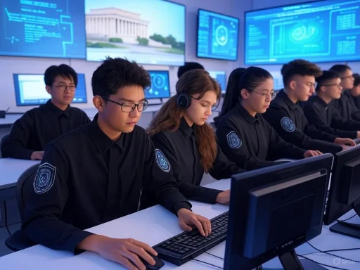 Students in uniform working on computers in a high-tech command center or classroom.