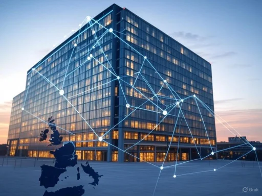 A modern glass building with a digital network overlay and a map of Europe in the foreground.